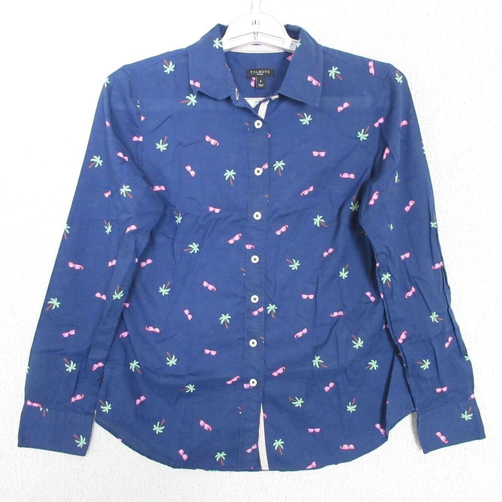 Talbots Button Up Shirt Petite XS Navy Palm‎ Tree Sunglasses Print 100% Cotton